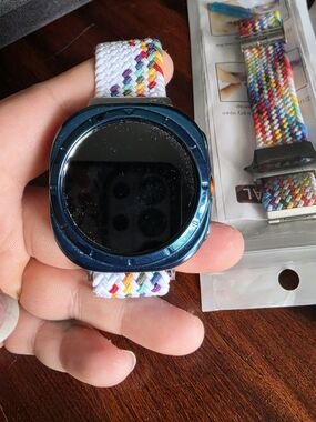 Samsung Ultra Watch Smartwatch with White Multicolor Woven Band and Blue Case